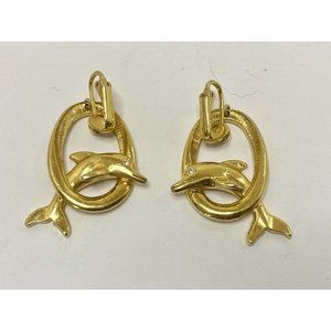 Avon Dolphin Gold Tone Clip On Earrings‎ Rhinestone Eyes
